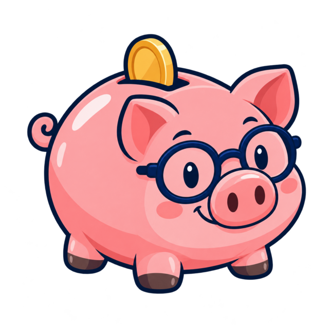 Budget Club’s cheerful piggy bank wearing glasses